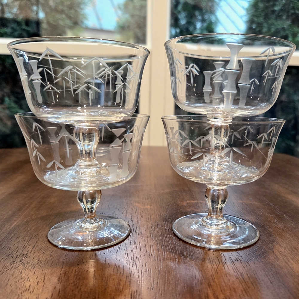 Set Of 4 Vintage Noritake/Sasaki Bamboo Etched Design Crystal Coupe Glasses